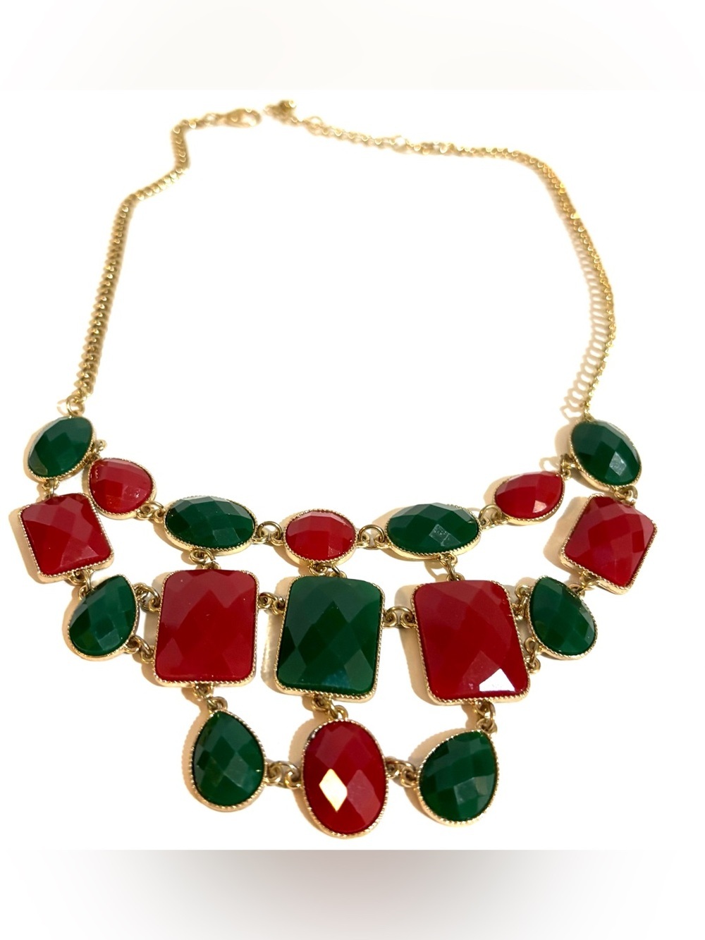 Gold-Tone Statement Necklace with Red and Green Gemstones